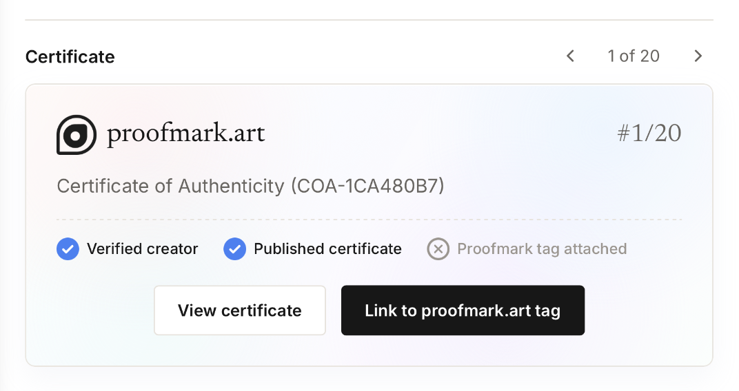 Proofmark certificate card showing certificate 1 of 20 with bulk edition navigation