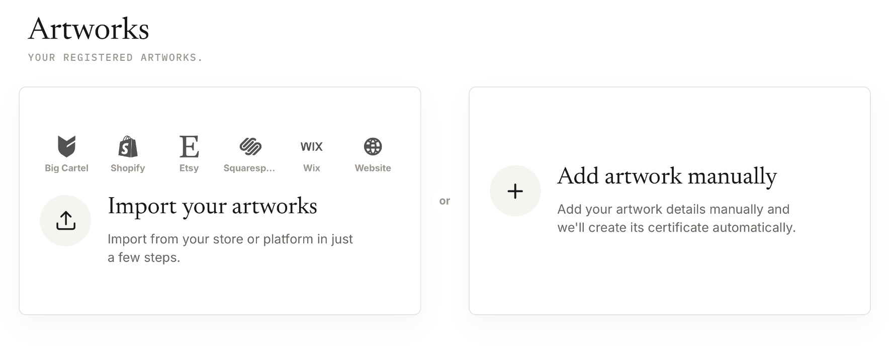 Proofmark artwork screen showing import options for Big Cartel, Shopify, Etsy, Squarespace, Wix, and Website