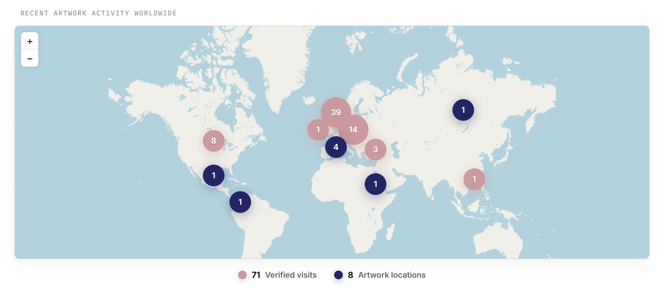 proofmark.art dashboard showing COA scans and artwork locations on a world map